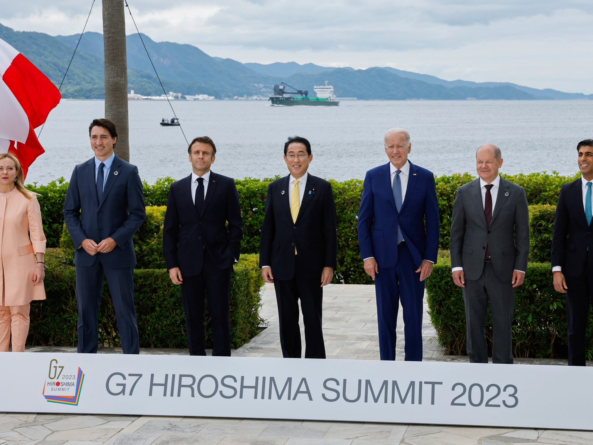 G7 leaders pose for a photo in Hiroshima, Japan.